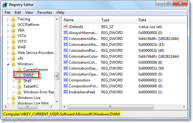 nyissa meg a dwm beállításkulcsot a Windows 7 rendszerben