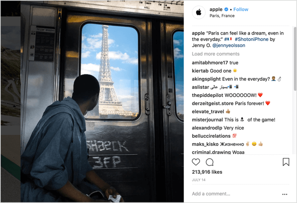 Az Apple Instagram-fiókjában rajongói fotók találhatók, amelyeket a felhasználók a #shotbyiphone hashtaggel küldenek be.