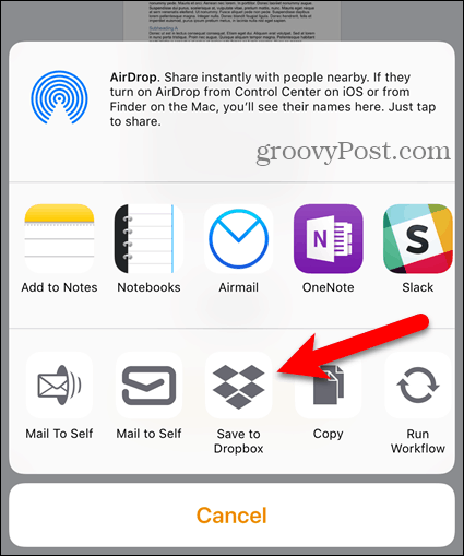 Koppintson a Dropbox elemre a Share lapon az iOS rendszeren