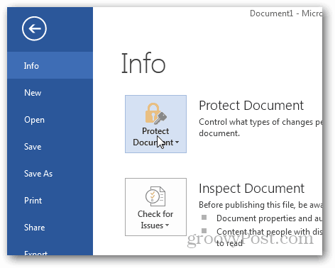 Jelszóvédelem és az Office 2013 dokumentumok titkosítása: Kattintson a Dokumentumok védelme elemre