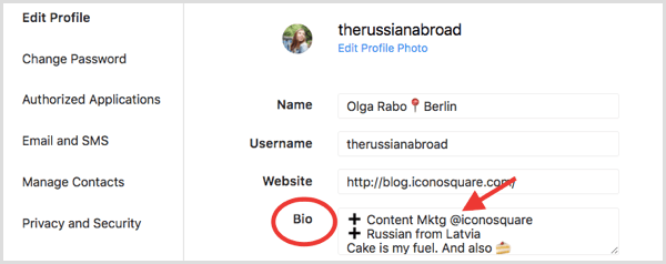 Bio mező az Profil szerkesztése szakaszban az Instagram profilhoz
