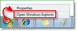 A Windows 7 explorer belépéséhez kattintson a jobb gombbal a kezdő gömbre, majd kattintson a Windows Explorer megnyitására
