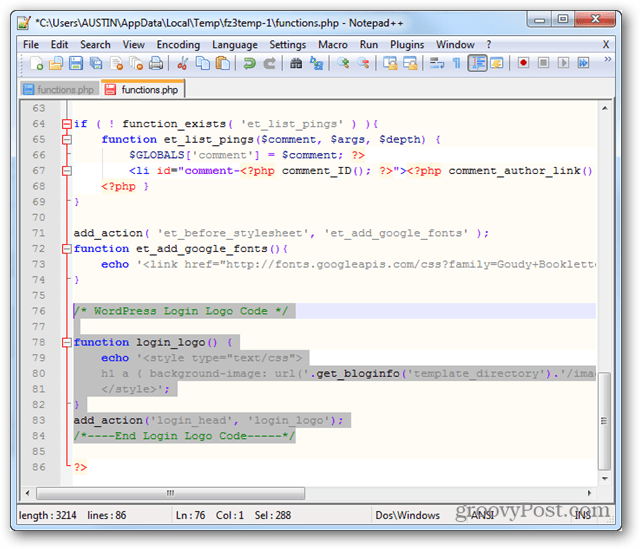 function.php egyedi bejelentkezési logó kód