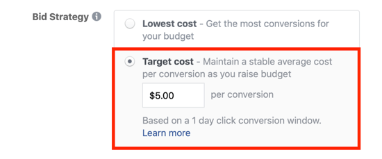 Facebook célköltség-ajánlattételi lehetőség.