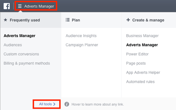 Nyissa meg a Facebook Ads Manager menüt, és válassza az Összes eszköz lehetőséget.