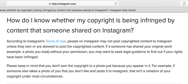 Az Instagram súgó felvázol néhány szerzői jogi irányelvet.