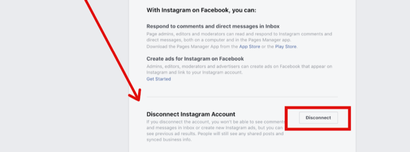 2. lépés az Instagram-fiók leválasztásához a Facebook-oldal beállításainál