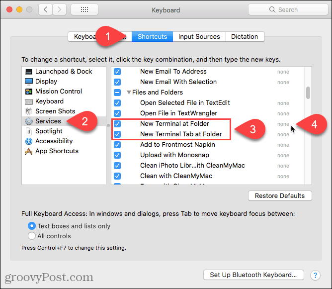 Kattintson a Nincs elemre, ha parancsikont szeretne hozzáadni a Mac új mappa szolgáltatásához
