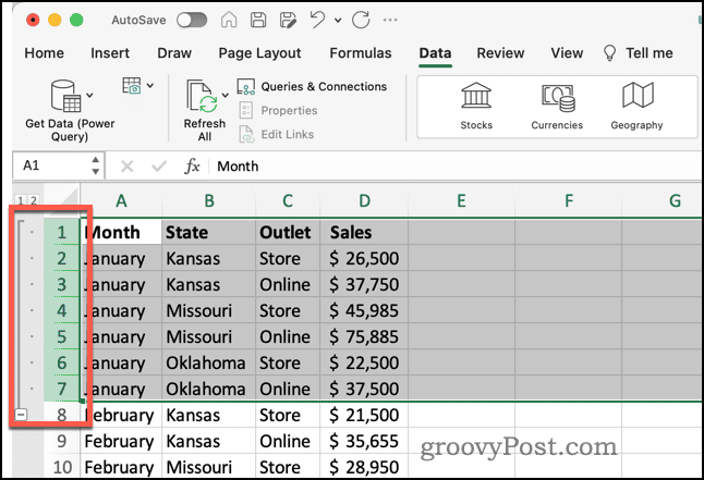 Sorok csoportja vezérlőkkel az Excelben
