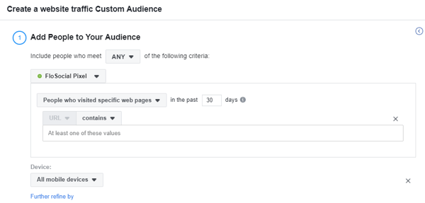 Használja a Facebook eseménybeállító eszközének 17. lépésében található beállításokat, hogy az eszköz alapján hozzon létre egy egyedi webhelyforgalmat a Facebookon