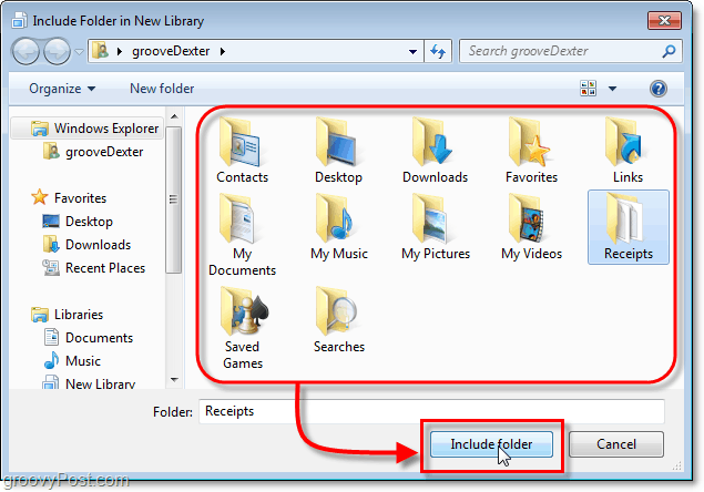 válassza ki a Windows 7 könyvtárakba beépítendő mappát
