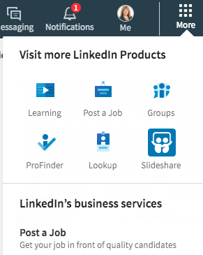 Sok közvetlen linket talál a LinkedIn További szakaszában. Itt létrehozhat egy vállalati oldalt is.