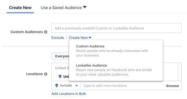 Lehetőségek egyéni közönség vagy hasonló közönség használatára egy Facebook lead hirdetési kampányban.
