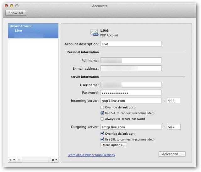 Microsoft Outlook Mac 2011: A Windows Live Mail beállítása a POP3 használatával