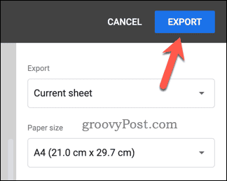 A Google Táblázatok exportálása PDF-be gomb