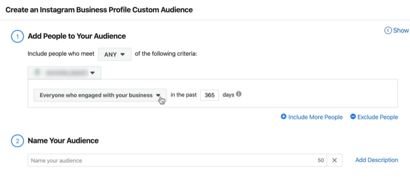képernyőkép az Instagram-üzleti profil létrehozása egyéni közönség ablakából, az alapértelmezett beállításokkal Mindenki, aki az Ön vállalkozásával foglalkozott az elmúlt 365 napban