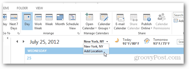 Az Outlook 2013 naptár időjárási bemutatója – Kattintson a Hely hozzáadása lehetőségre