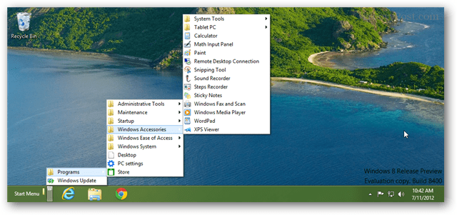 A Windows 8 tálca Start menü eszköztára