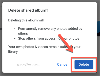 A Google Fotók megosztott album törlésének megerősítése