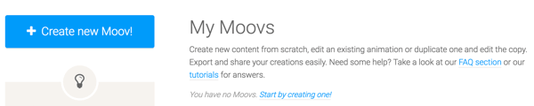 A Moovly használatának megkezdéséhez kattintson az Új Moov létrehozása gombra.