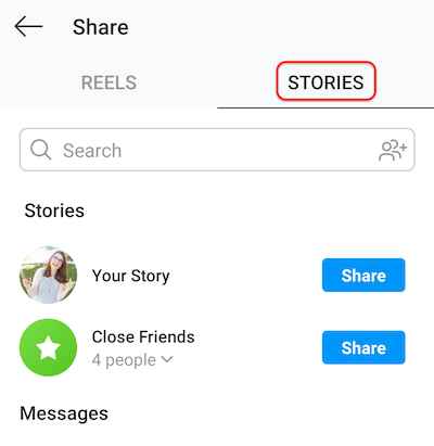 képernyőkép az instagram kiküldési képernyőről, amely a történetek fület mutatja, amely lehetővé teszi az orsók megosztását a történetedben vagy a közeli barátok listájában