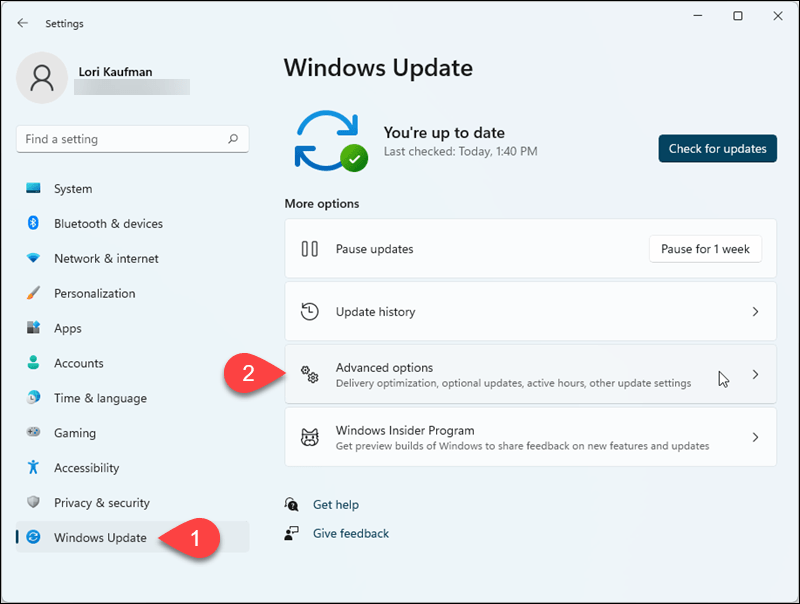Lépjen a Windows Update> Speciális beállítások menüpontra a Windows 11 beállításai között