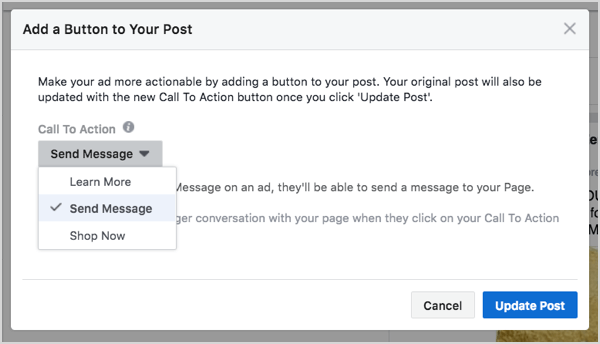 Facebook Messenger gomb kiválasztása a hirdetés létrehozásában.