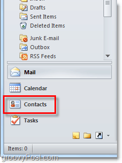 Nyissa meg a névjegylistát az Outlook 2010 alkalmazásban