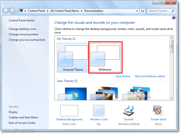 válassza ki az új rss témát a Windows 7 rendszerben
