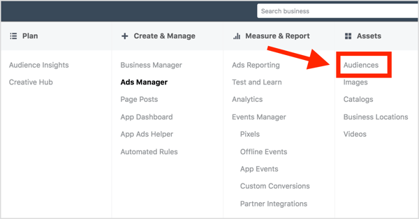 Nyissa meg a Facebook Ads Manager alkalmazást, és válassza a Közönségek lehetőséget.