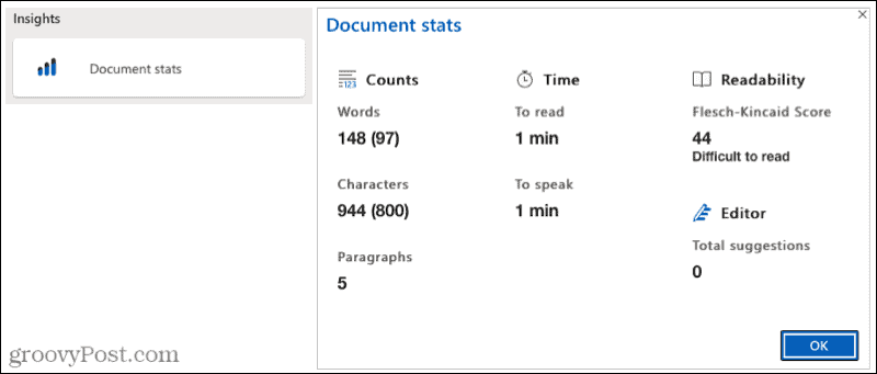 Microsoft Editor dokumentumstatisztika