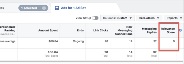 Relevancia pontszám megtekintése a Facebook Ads Manager alkalmazásban.