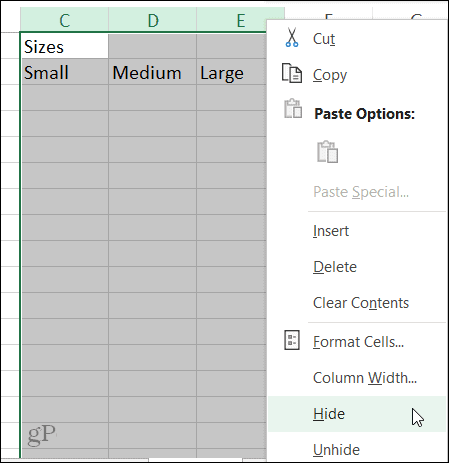 Oszlopparancs elrejtése az Excelben Windows rendszeren