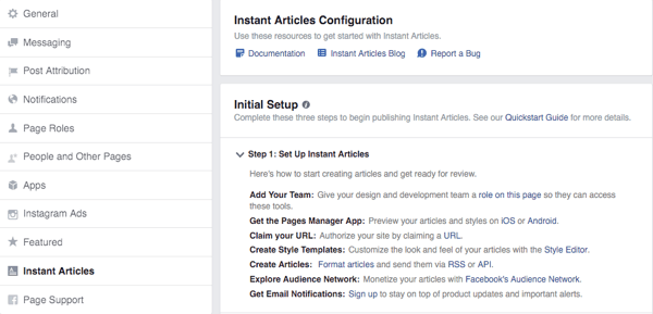 facebook azonnali cikkek konfigurációs képernyője