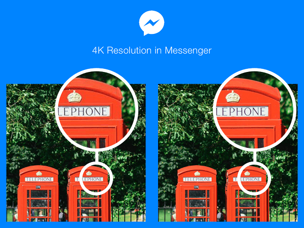 Egyes országokban a Facebook Messenger felhasználói 4K felbontásban küldhetnek és fogadhatnak fényképeket.