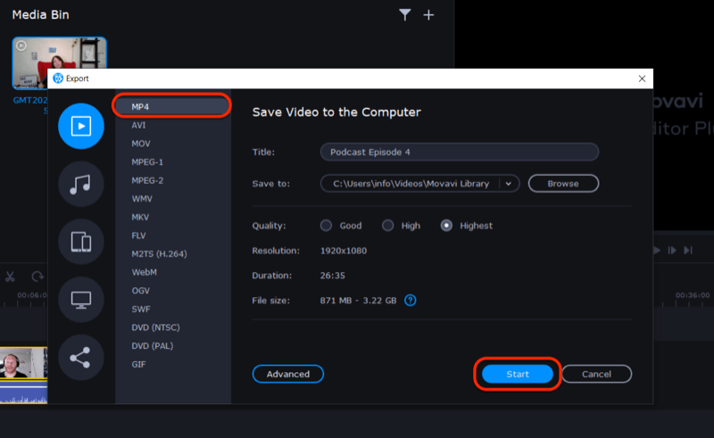 videofájl exportálása a Movavi Video Editor Plus alkalmazásban