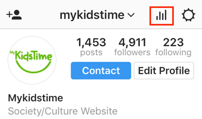 Érintse meg a sávdiagram ikont az Instagram Insights eléréséhez az Instagram alkalmazásból.