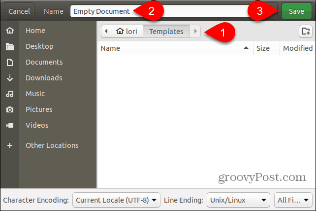 Mentse az Üres dokumentum sablonfájlt az Ubuntu Sablonok mappájába