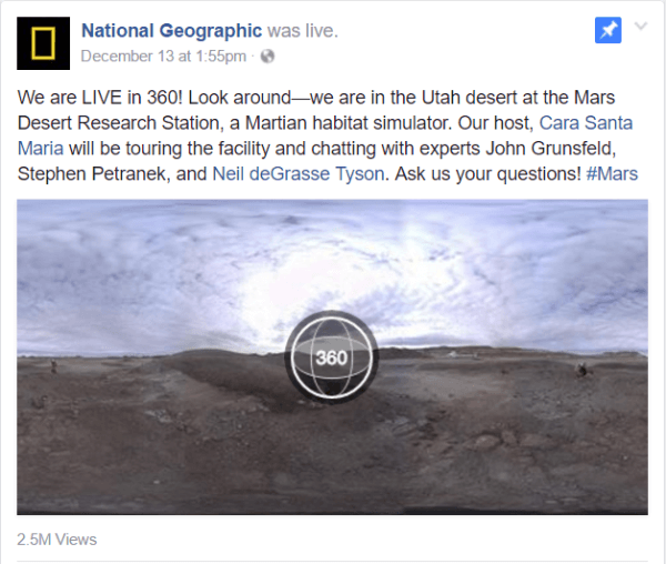 A Facebook a héten elindította a Live 360 ​​videót a National Geographic jelentésével az utahi Mars-sivatagi kutatóállomás létesítményéből.