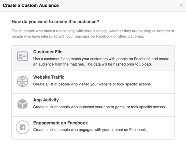 Válassza az Ügyfélfájl lehetőséget a Facebook egyéni hírlevelet előfizető közönségének létrehozásához.