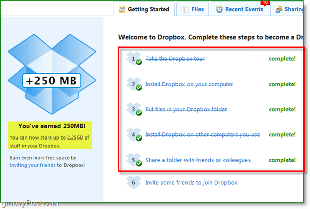 Dropbox képernyőképe - 250 MB hely gyorsan jutalmazható