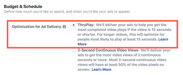 Facebook ThruPlay optimalizálás videohirdetésekhez, 2. lépés.