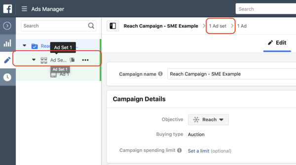 A Facebook elérési hirdetések létrehozásának módja, 3. lépés, beállítások a kampány hirdetéskészletének szintjére való navigáláshoz