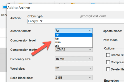 7-zip archív fájltípus kiválasztása