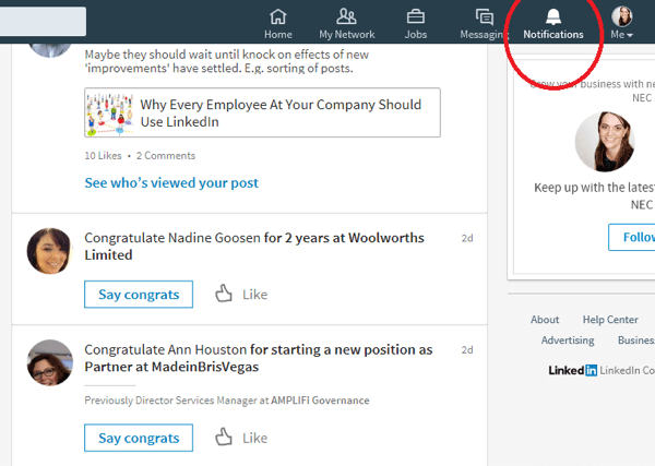 Az Értesítések ikonra kattintva a LinkedIn megjeleníti azokat a kapcsolatokat, akiknek a közelmúltban különleges alkalom volt.