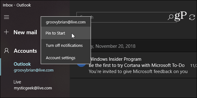 Pin e-mail Windows 10 Start Mail alkalmazás