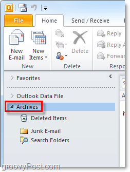 az archivált e-mailek elérése az Outlook 2010 alkalmazásból