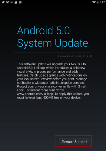 Indítsa újra a Nexus 7 alkalmazást, és telepítse az android 5 szoftvert