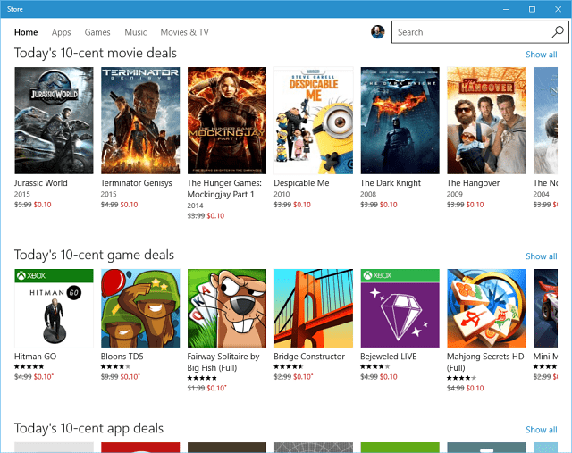 A Windows Store 10 centes ajánlata