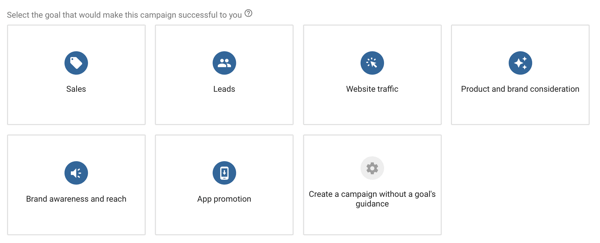 A YouTube-hirdetési kampány beállítása: 4. lépés, válassza ki a YouTube hirdetési célját, a kampány céljának opcióit